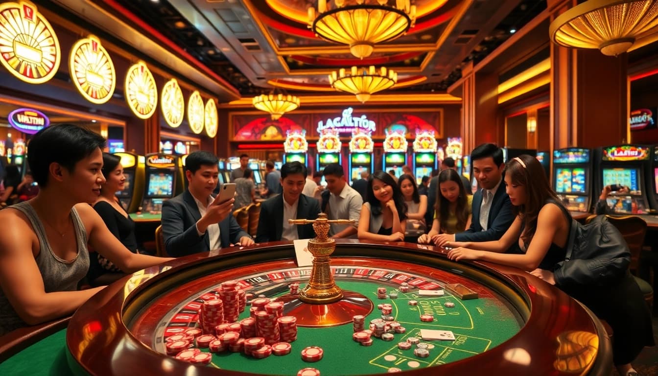 Lazadatoto-themed lively casino scene with players enjoying roulette and slot machines.
