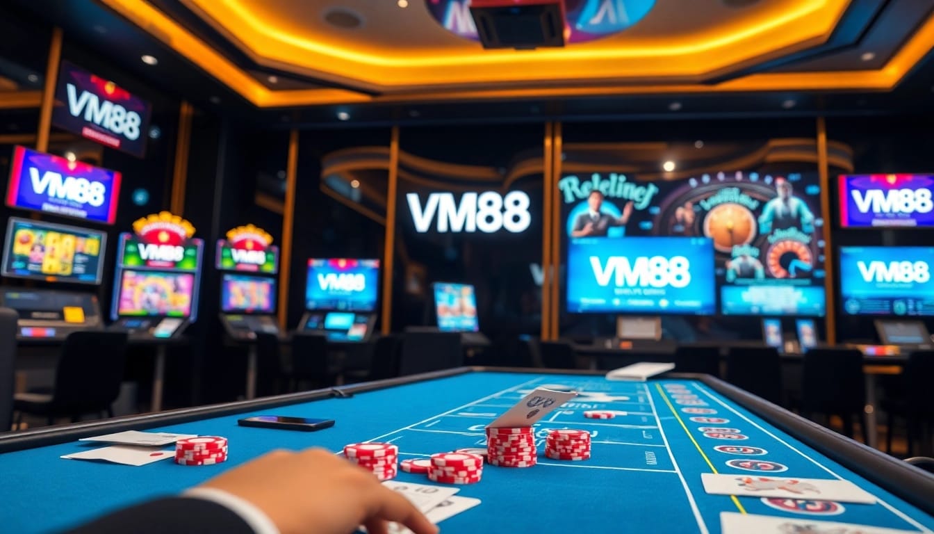 VM88 online casino platform showcasing premium poker chips and strategic betting action
