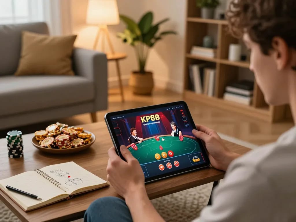 Engaging scene of a player strategizing on the KP88 casino app during an online poker session at home.