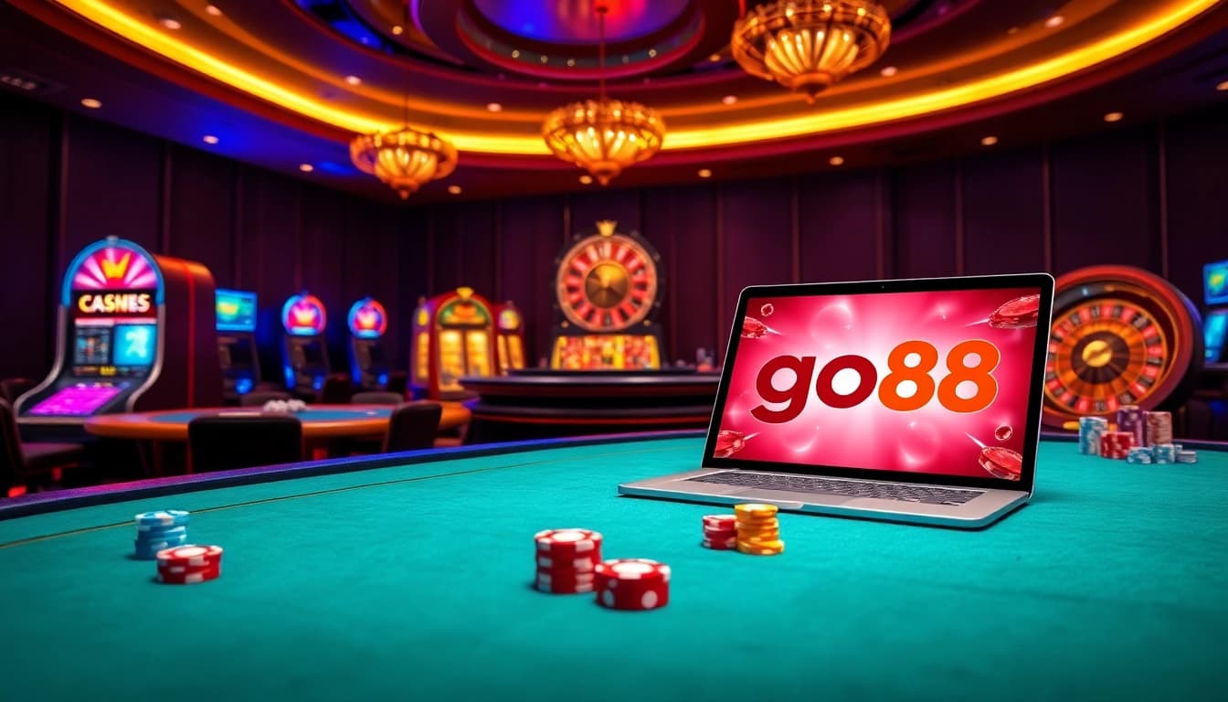 Experience the thrill of play go88 with vibrant online gambling visuals featuring casino tables and slot machines.