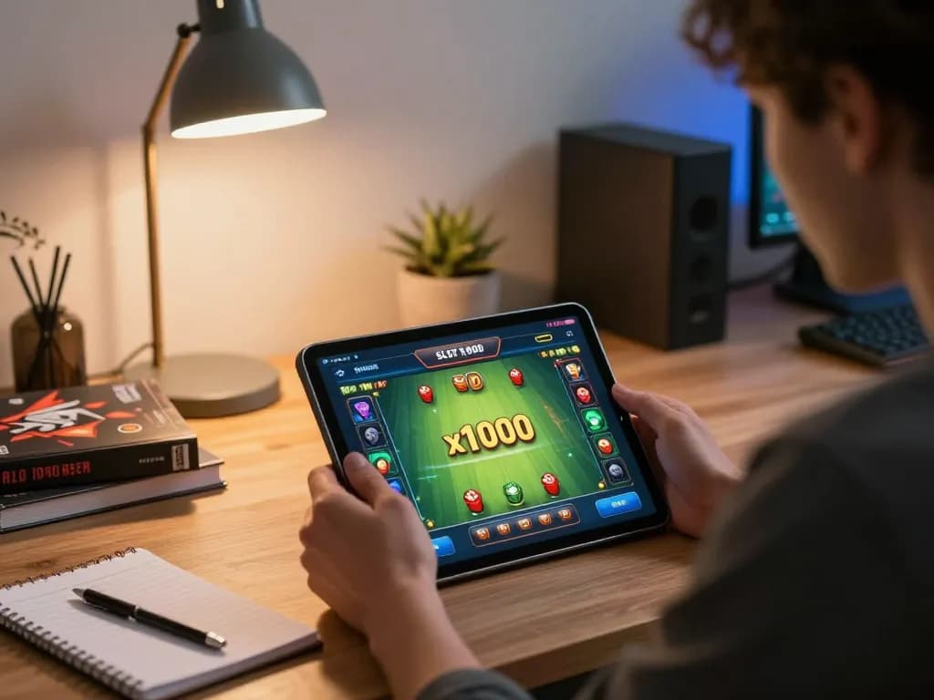 Player engaged with Slot x1000 online game on tablet, reflecting strategic gameplay.