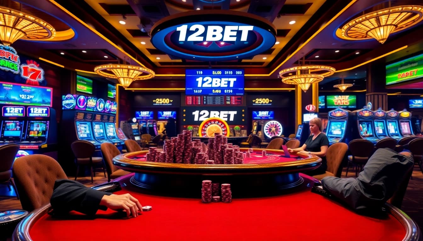 Intense poker action at a luxurious 12BET casino table with vibrant chips and cards.