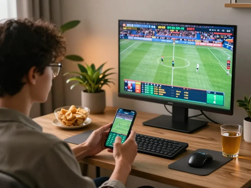 Engaged in sports betting with 789wincom on a smartphone in a cozy home setting.