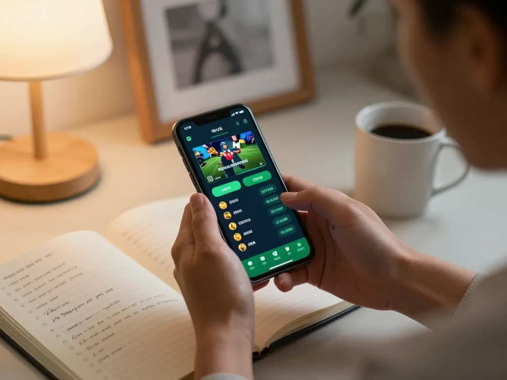 GA88 user placing live sports bets on smartphone with strategic focus in cozy home setting