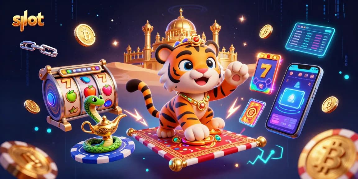 Slot interaktif dengan karakter sultan dan simbol kemenangan dalam ilustrasi kasino.