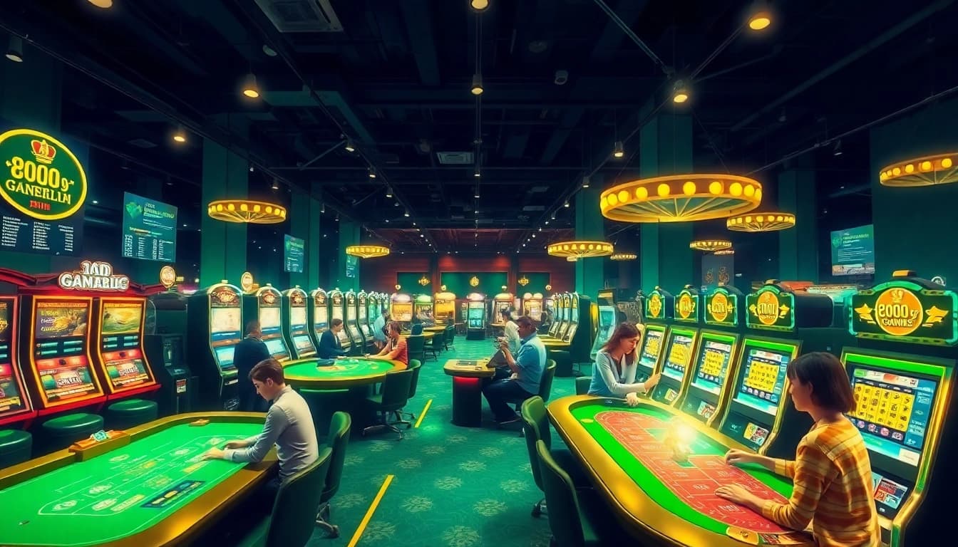 Exciting gaming experience at OPEN88COM with players at tables and vibrant slots.