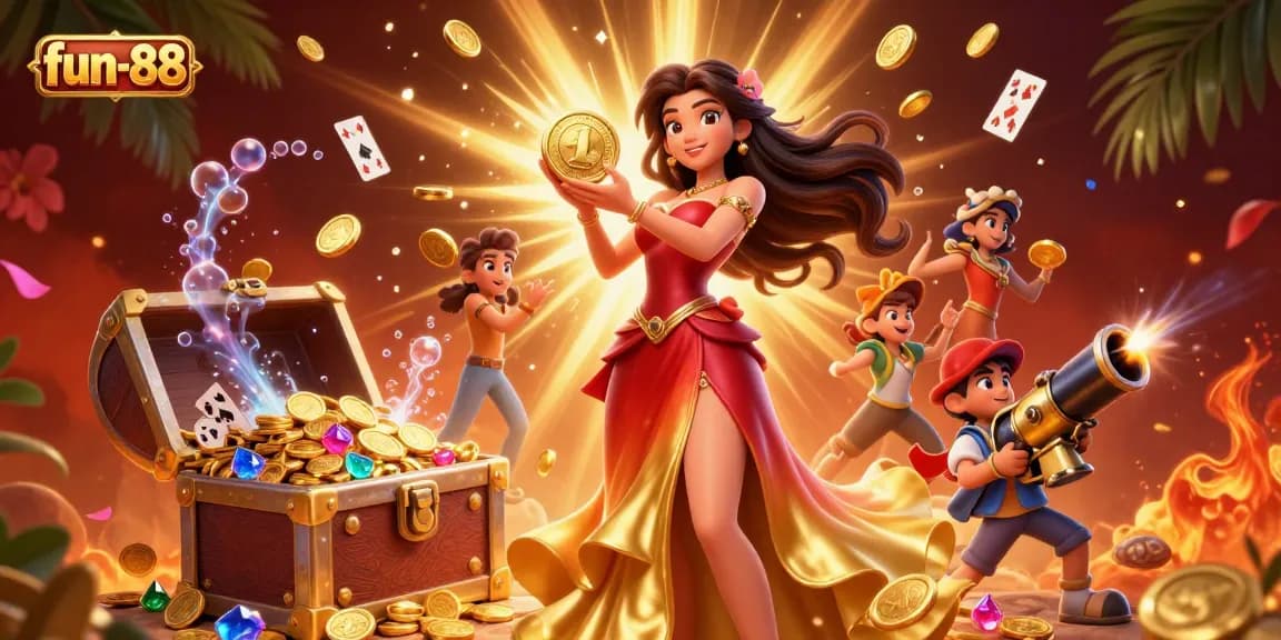 Experience the thrill of fun-88 with a vibrant casino illustration showcasing a coins shower and stunning character dynamics.