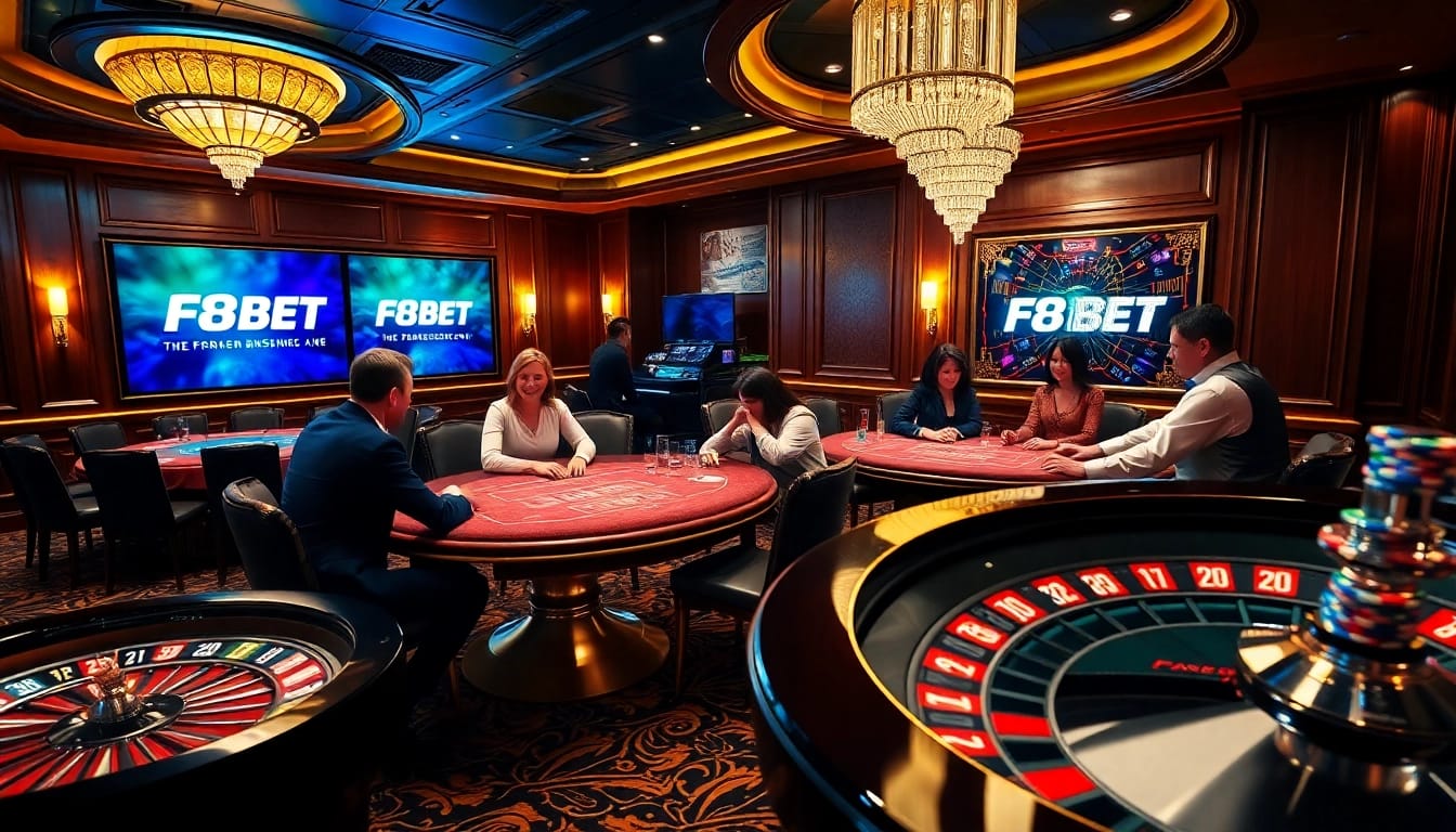 Enjoying a thrilling poker game at F8BET's luxurious casino with vibrant chips and tables.