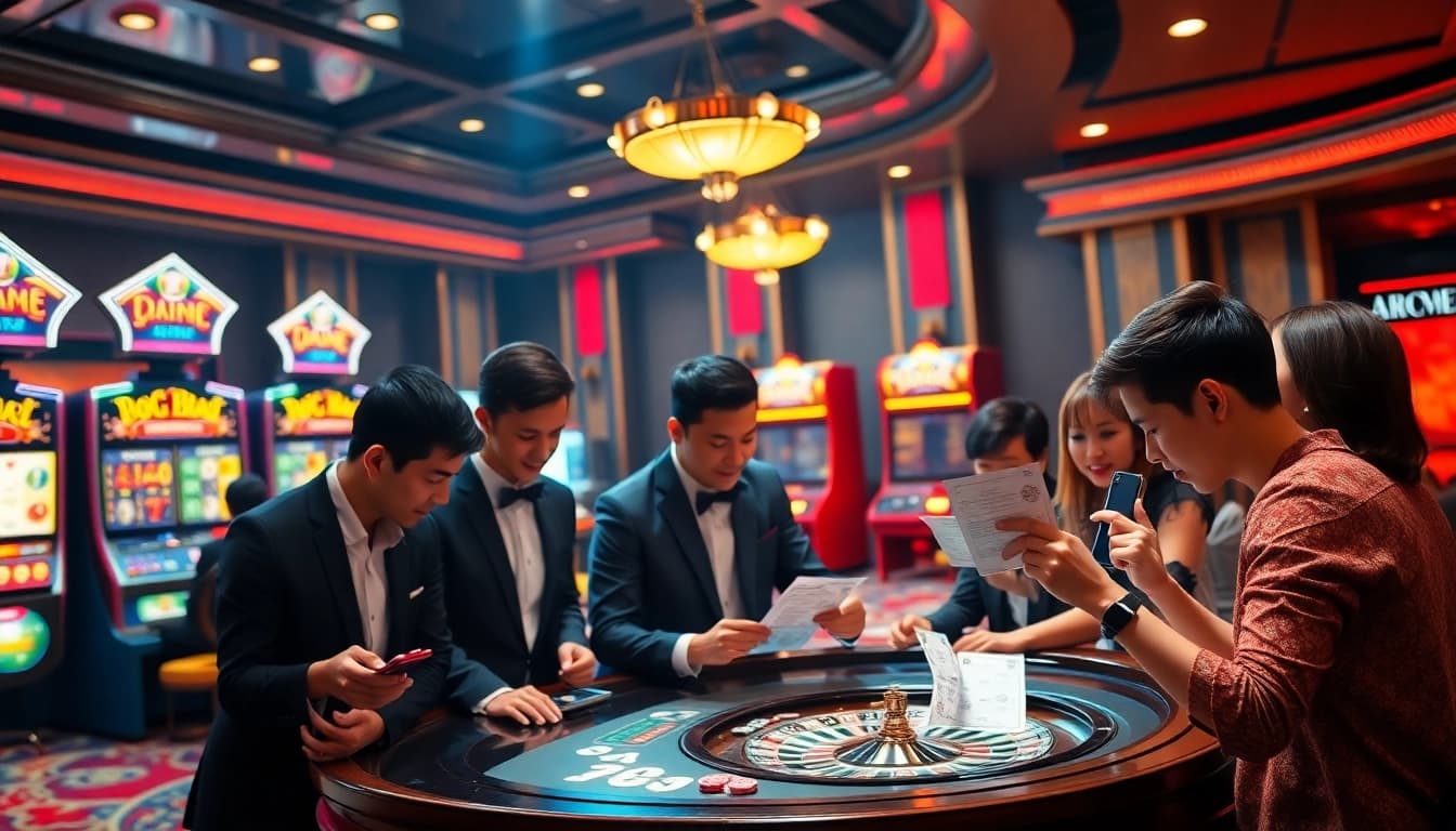 Xổ số hôm nay players examining winning tickets and gambling chips at a casino table.
