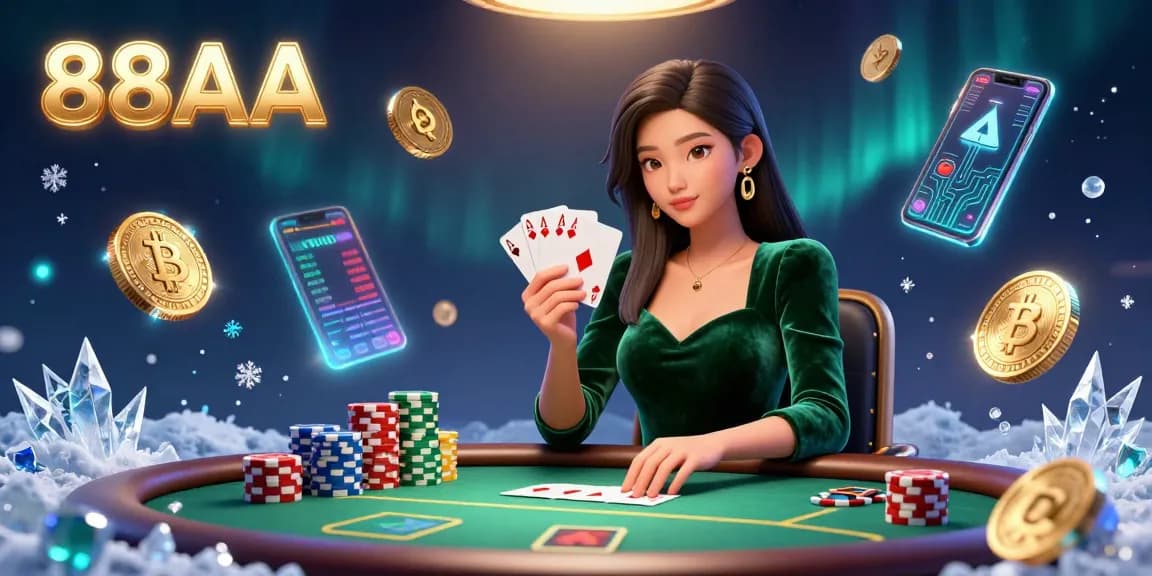 Engage in thrilling poker strategies at 88AA while a beautiful woman plays at a luxury table.