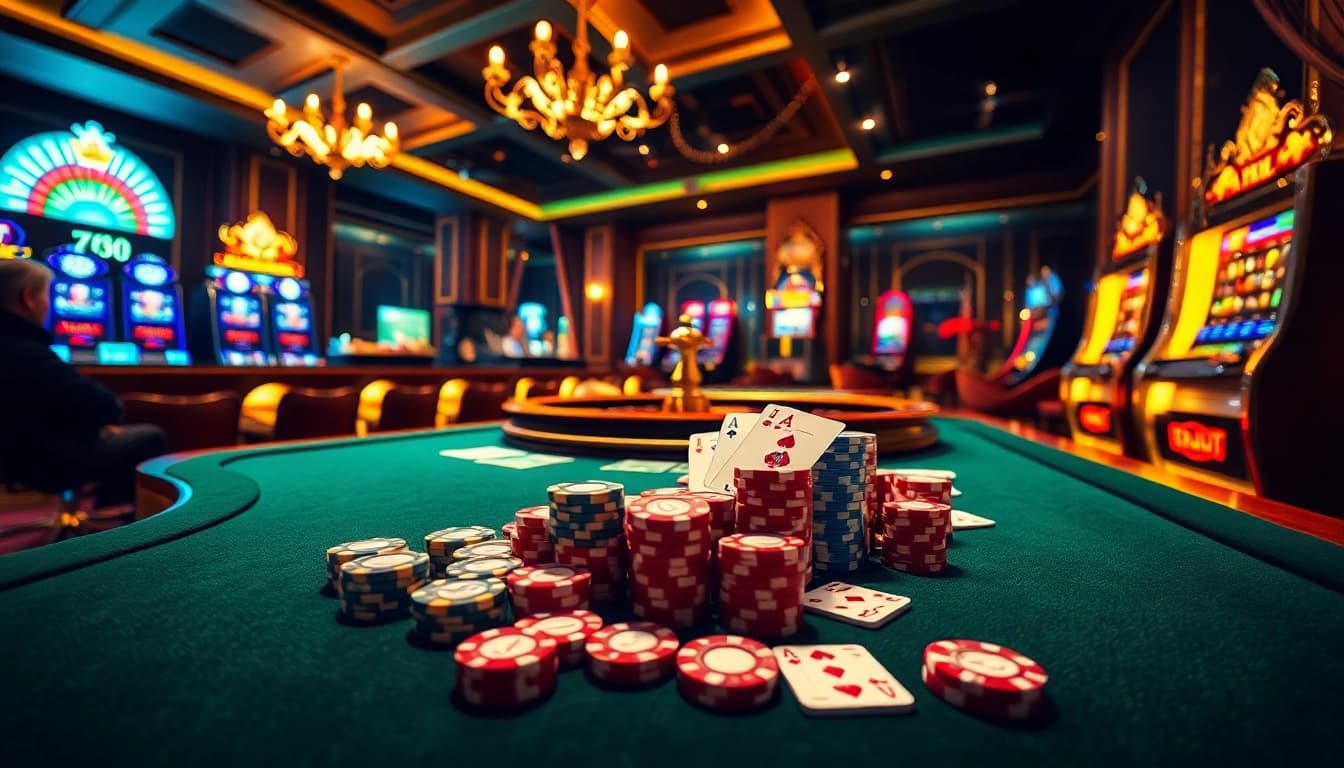 Experience the thrilling ambiance of 789win with a luxurious casino scene featuring poker chips, cards, and a roulette wheel.