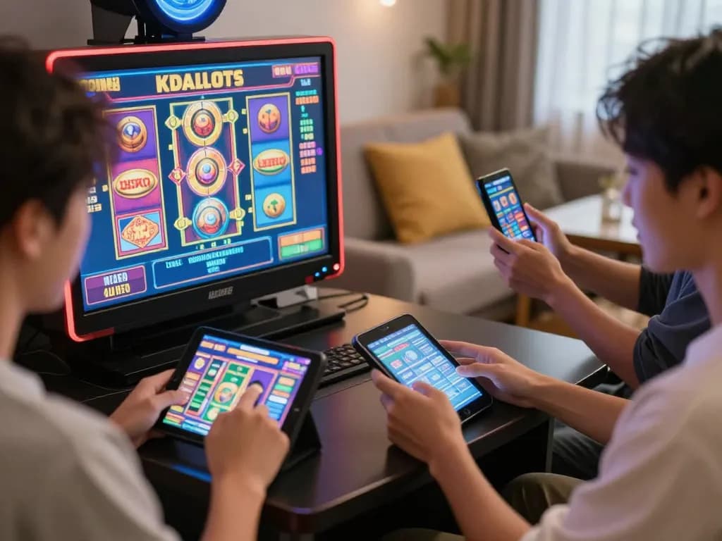 Players enjoying kdslots on mobile devices in a cozy living room setting