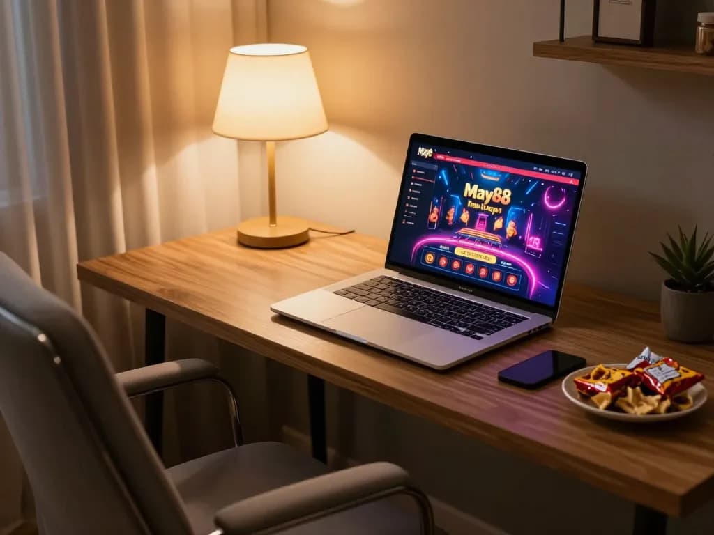 may88 online gaming setup with laptop displaying dynamic casino interface and cozy home atmosphere