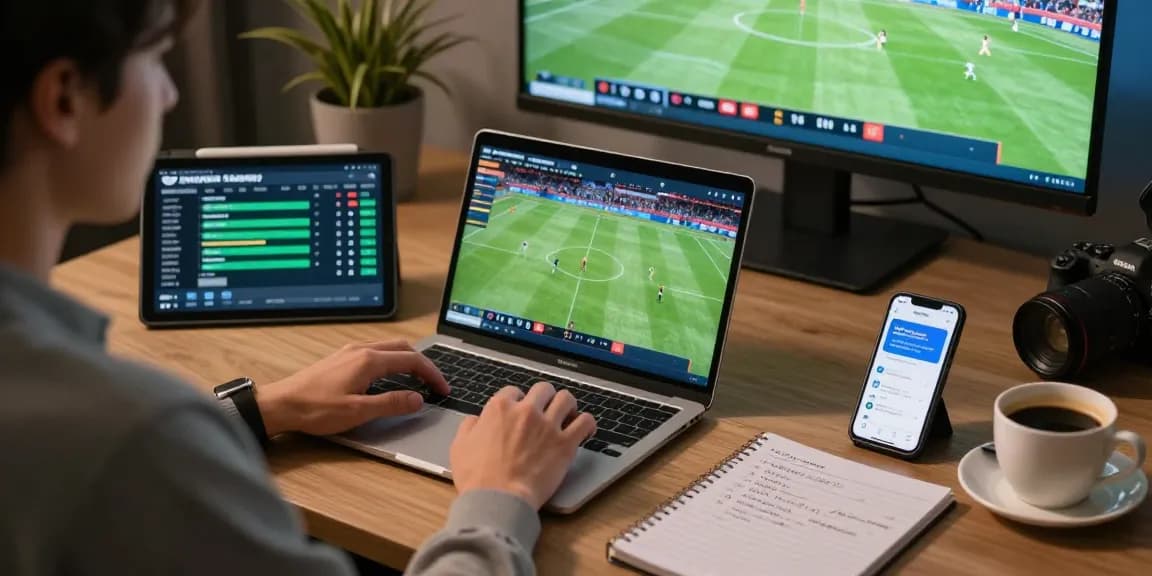 Sports analysis at https://soikeonhacai.com.co/ showing user engaged with live betting data on multiple devices in a modern setting.