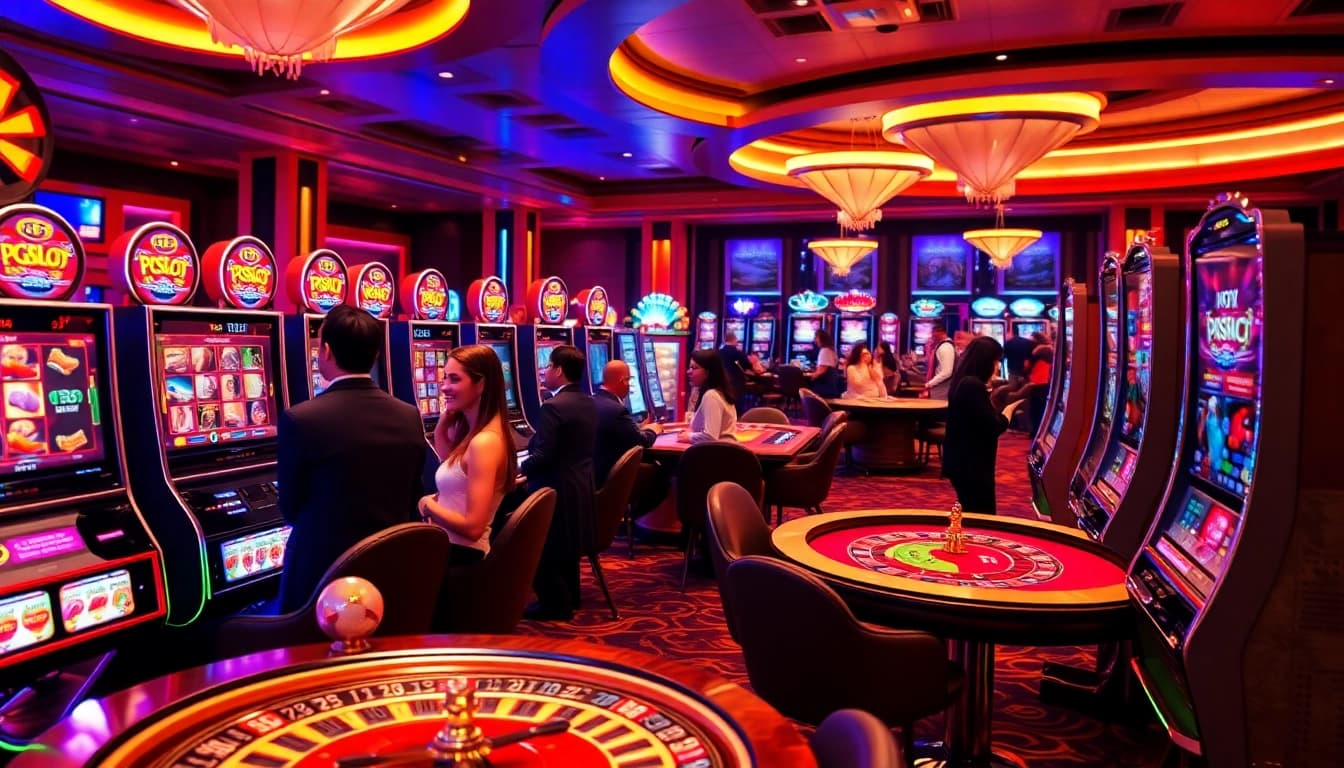 Players enjoying a lively PGSLOT gaming experience in a luxurious casino setting.