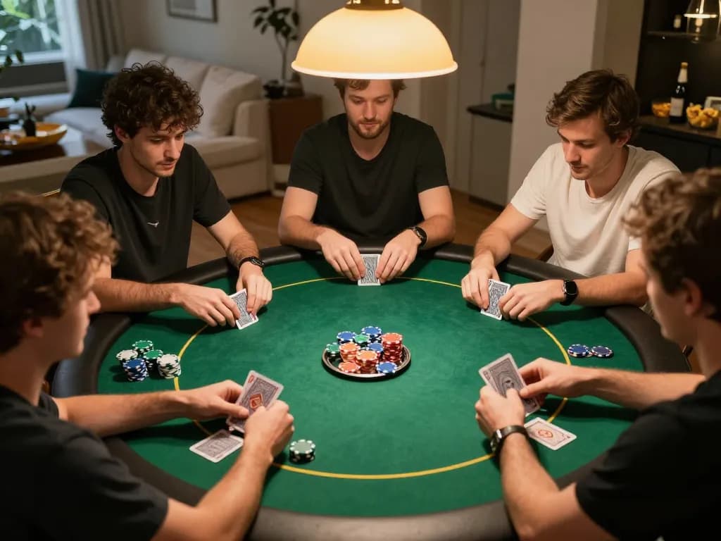 IWIN68 casino players enjoying a lively home poker night with focused gameplay and friendly competition