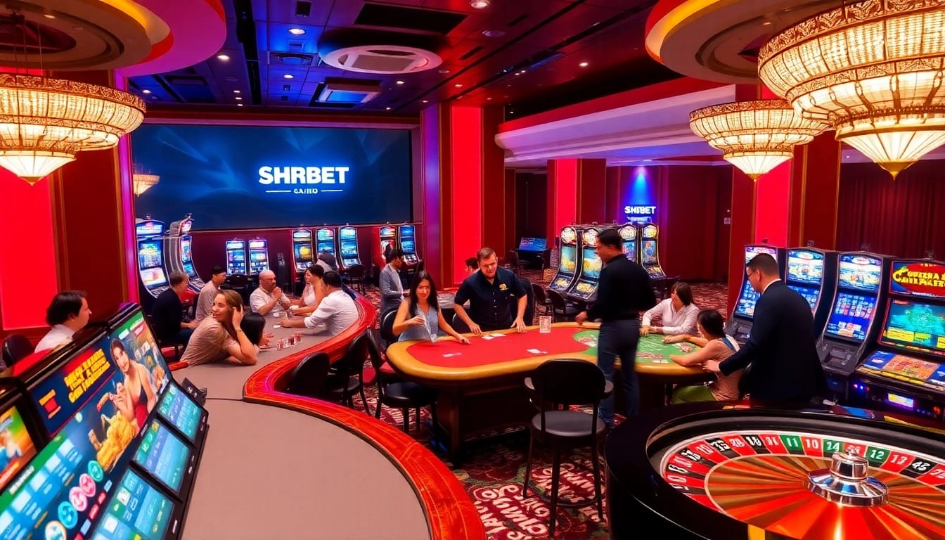 Experience high-stakes gaming at SHBET's luxurious casino with vibrant tables and elite players.
