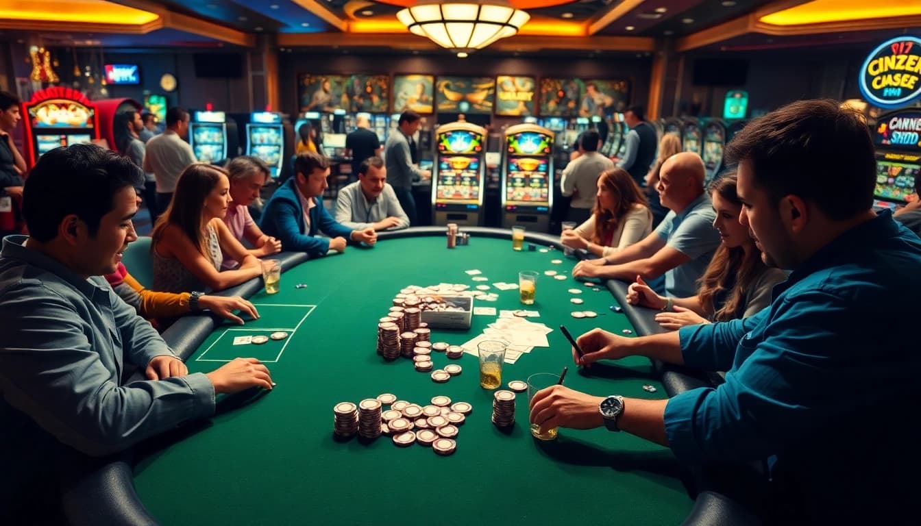 Engaging scene of a gambling forum illustrating a lively poker table filled with players and chips.
