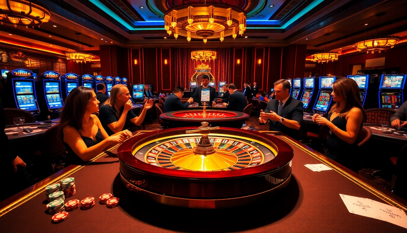 Gamblers experiencing excitement at https://f1686s.com/ in a vibrant casino setting with roulette and poker.