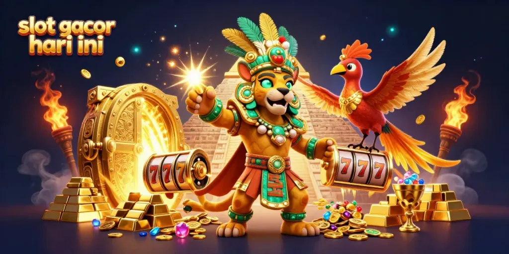 Gambarkan slot gacor hari ini dengan karakter jaguar, burung quetzal dan elemen kasino.