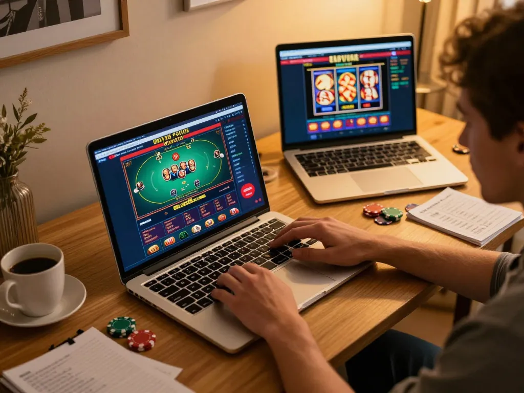 Tg88 player strategizing online casino gameplay with laptop and game interface