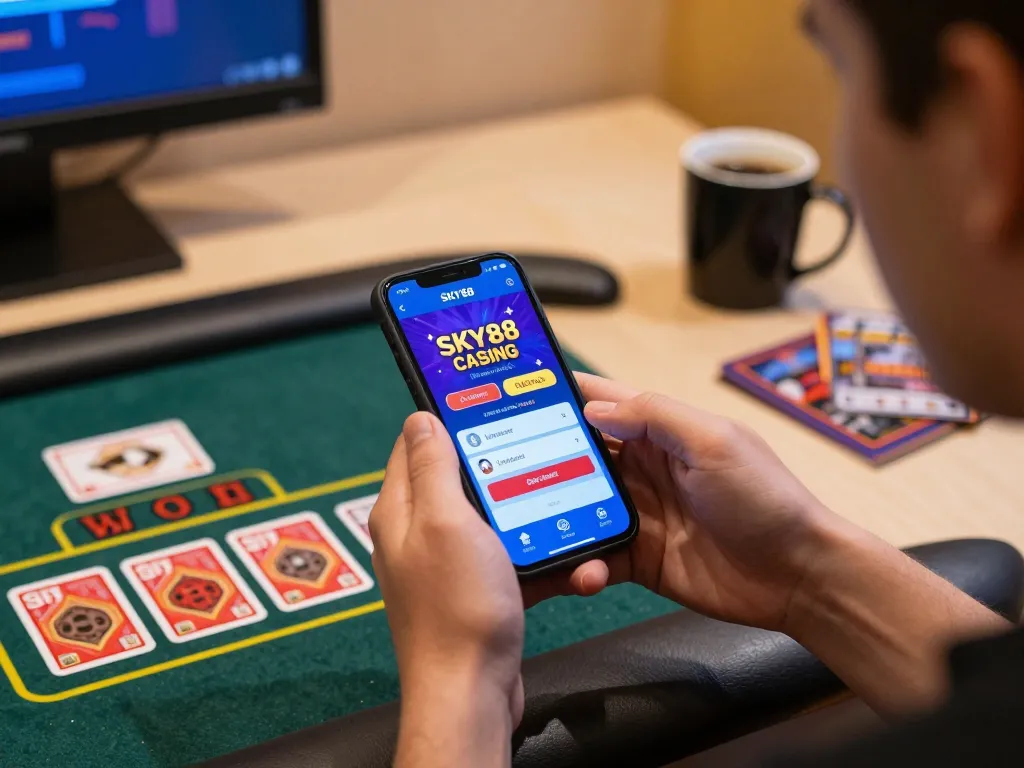 Engaging in live dealer gameplay on SKY88 app, showcasing mobile casino excitement.