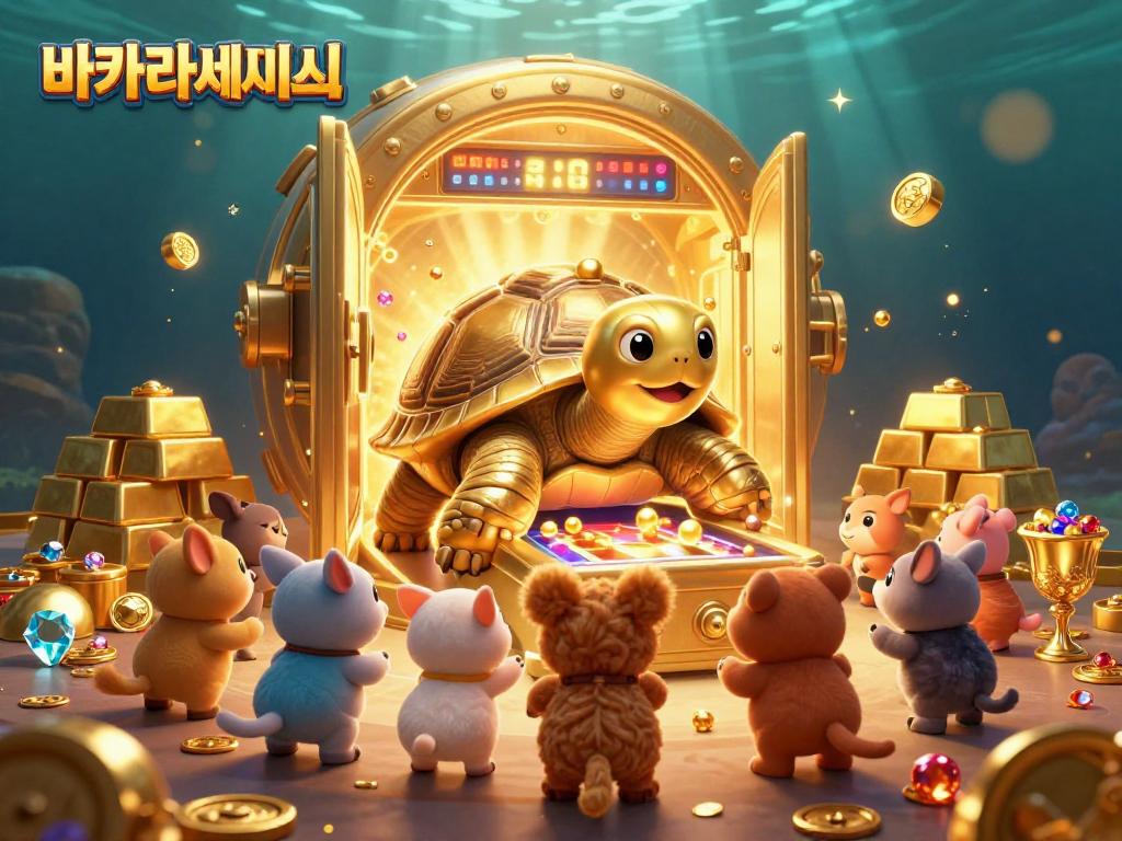 바카라사이트에서 신나는 게임을 즐기기 위해 기다리는 귀여운 동물들과 함께하는 황금 거북이의 일러스트