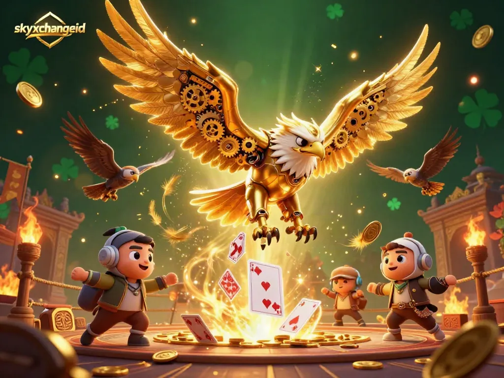 Engage with skyxchangeid to win big in a vibrant casino scene with dynamic golden eagle and holographic elements.