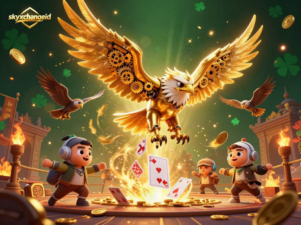 Engage with skyxchangeid to win big in a vibrant casino scene with dynamic golden eagle and holographic elements.