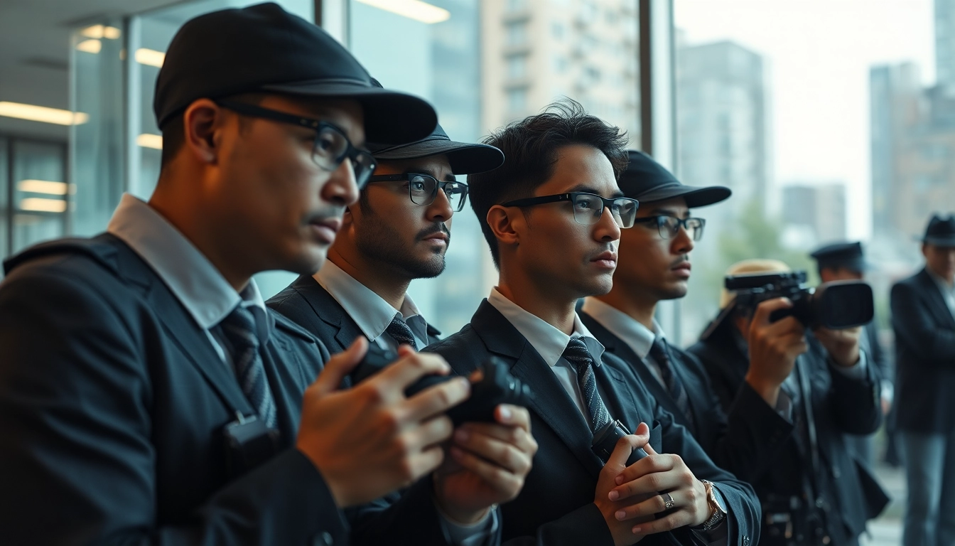 Security agency team strategizing for urban safety with high-tech gear.