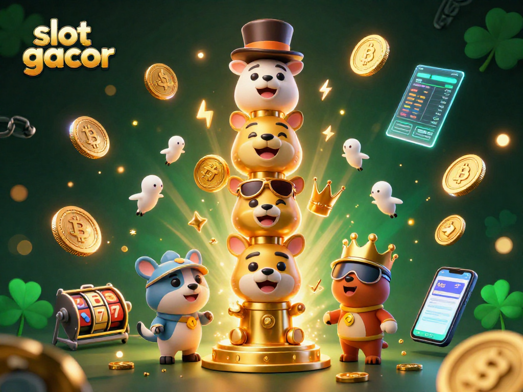 Spin with slot gacor excitement, featuring dazzling 3D totem characters surrounded by crypto and jackpot symbols.