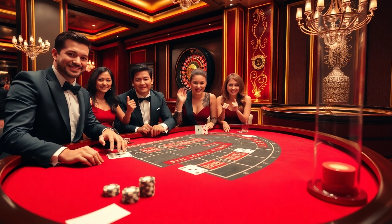 Engaging baccarat players at a luxurious table representing https://xx88.us/ with chips and cards in action.