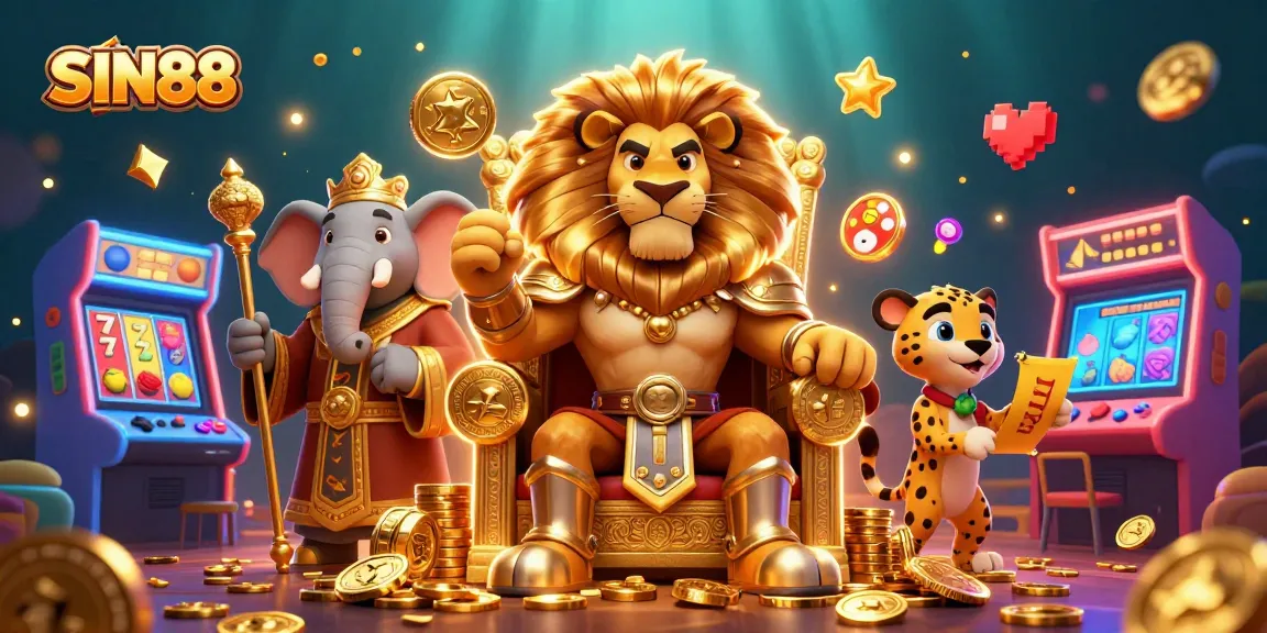 SIN88 showcases a lively casino scene with a lion king, elephant advisor, and cheetah messenger amidst slot reels and colorful arcade elements.