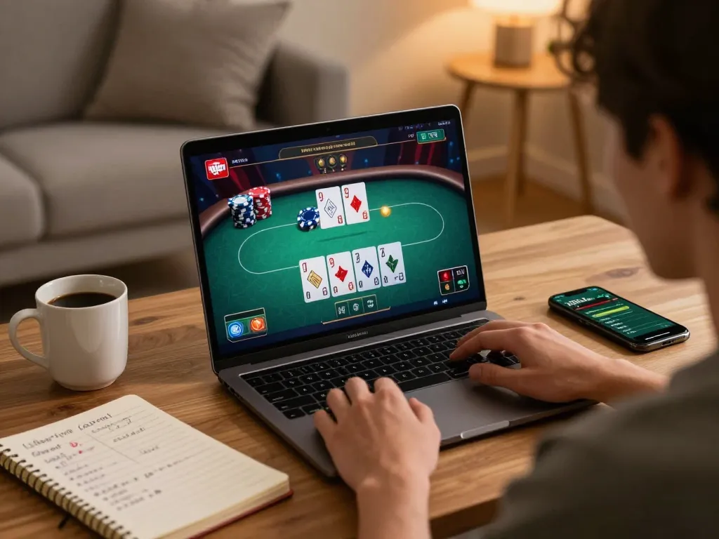 Player strategizing on f8beta2 interface for online poker at a cozy home setup.