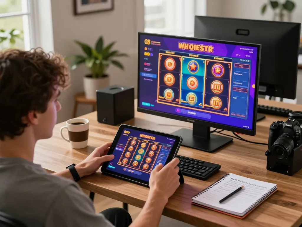 Player enjoying O8 casino games on tablet in a stylish home setup with a cozy atmosphere.