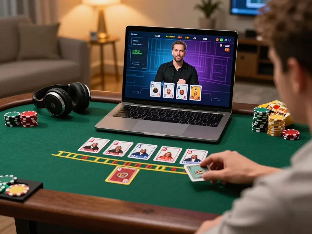 Player engaging in live dealer blackjack at home, enjoying W88 online gaming experience.