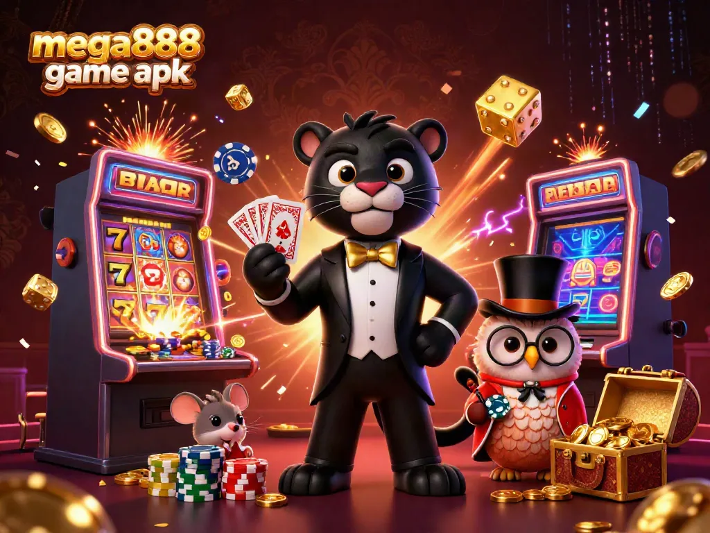 Experience mega888 game apk with vibrant 3D illustration featuring casino characters and jackpot excitement.