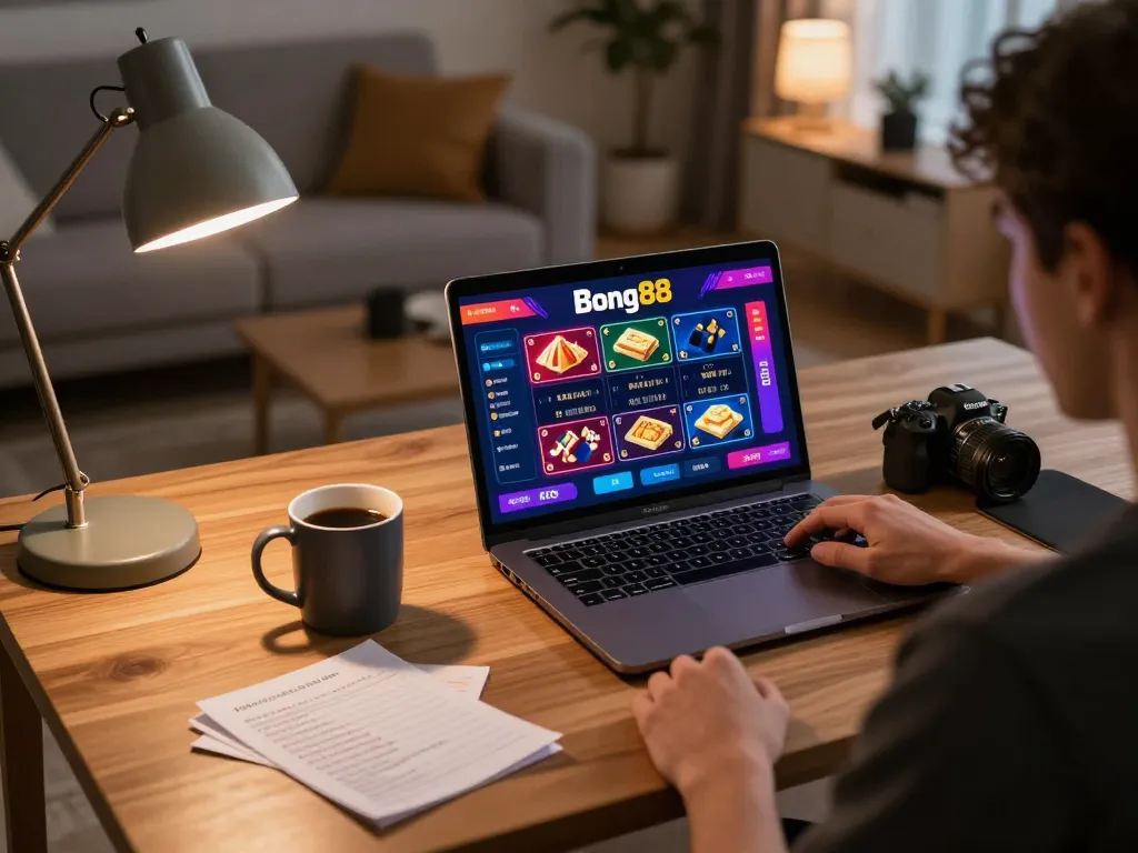 Bong88 online gaming experience with a player using a laptop in a cozy setting