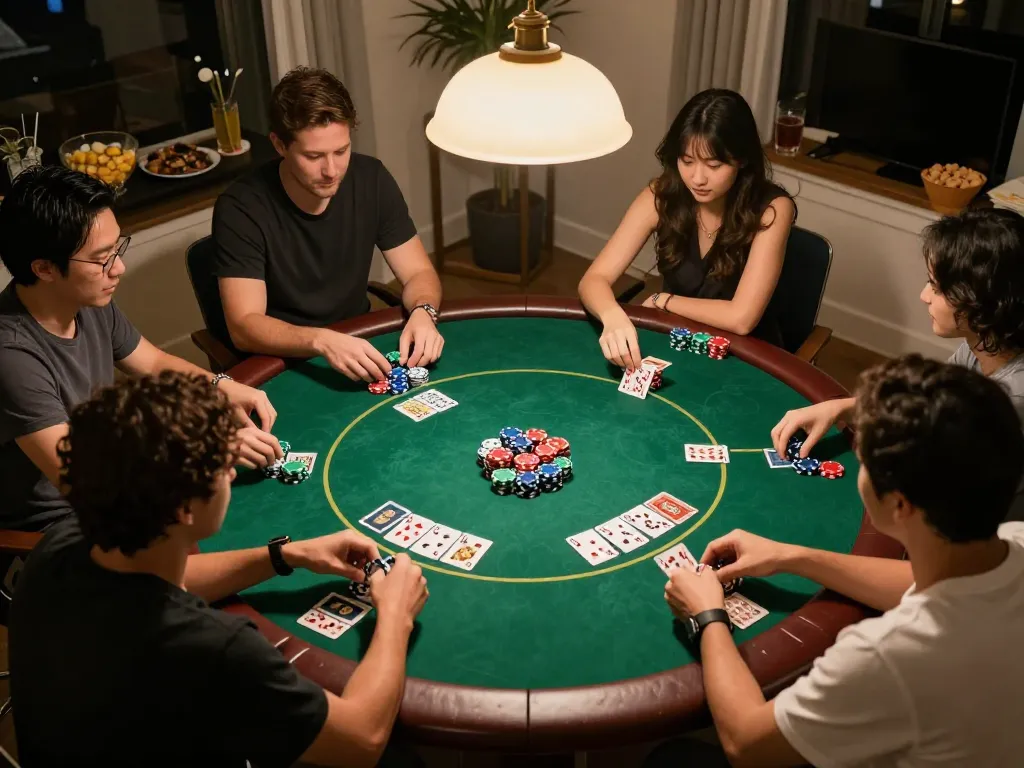 Friends enjoying a poker night at home, showcasing engaging moments of gameplay, strategy, and laughter, relevant to ushimitsusoft