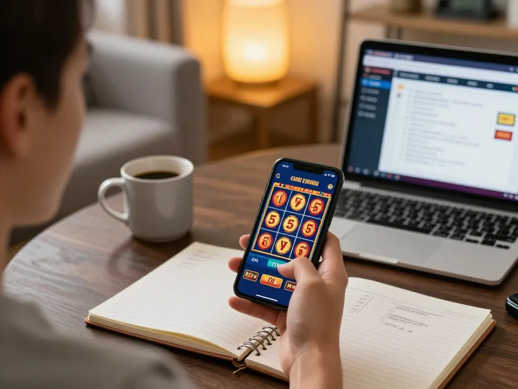 Player engaging in slot 5k mobile gameplay in a cozy home environment, showcasing responsible gaming