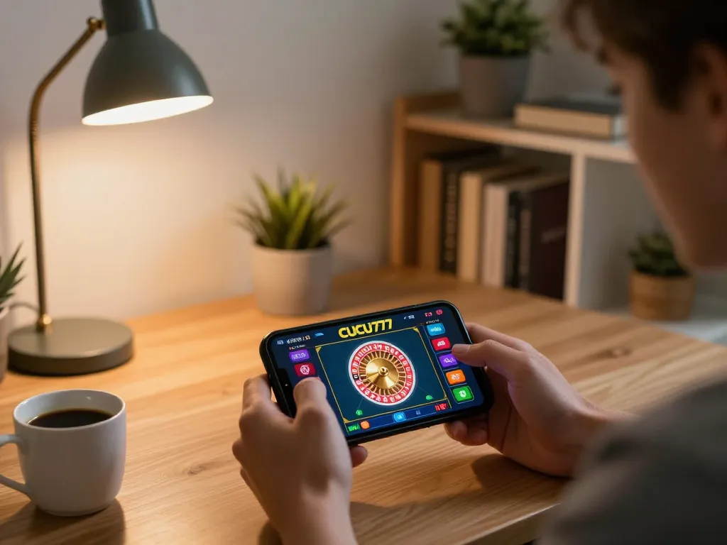 Engaging with CUCU777 smartphone app showing roulette action in cozy home setup
