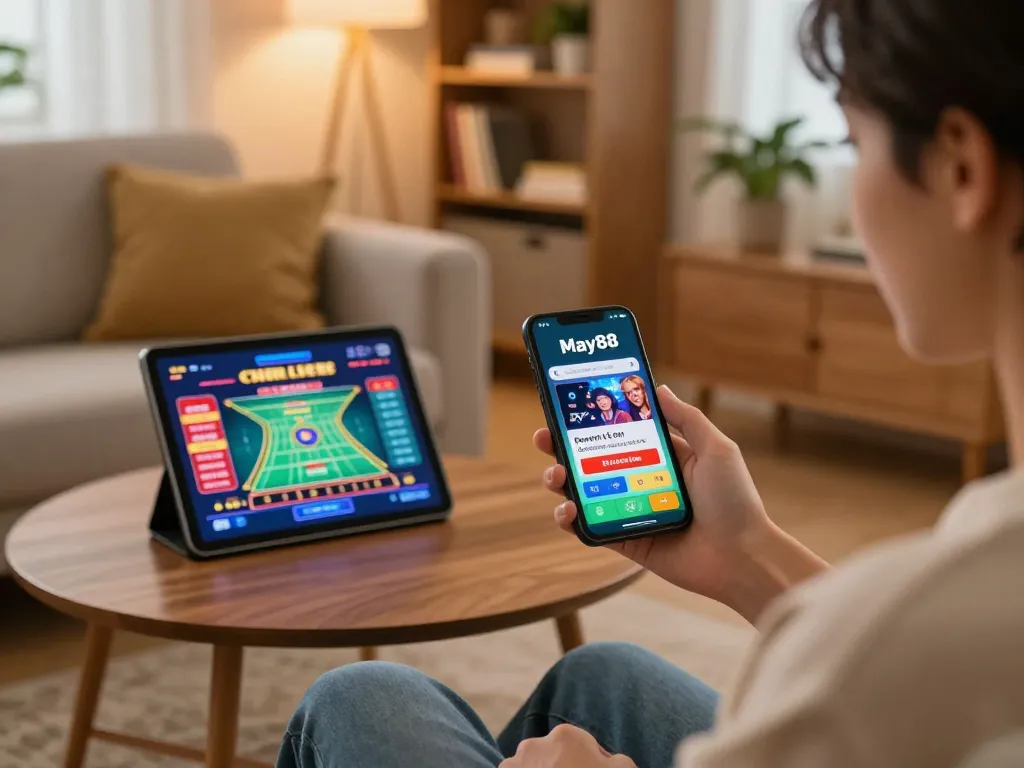 Engaging with May88 mobile app for online betting on smartphone in a cozy home.