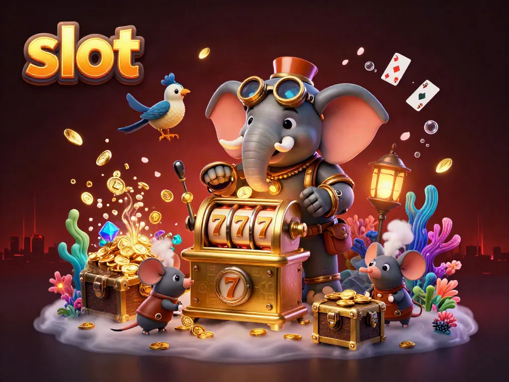 Slot mesin emas beroperasi oleh gajah steampunk dalam ilustrasi 3D yang menakjubkan.