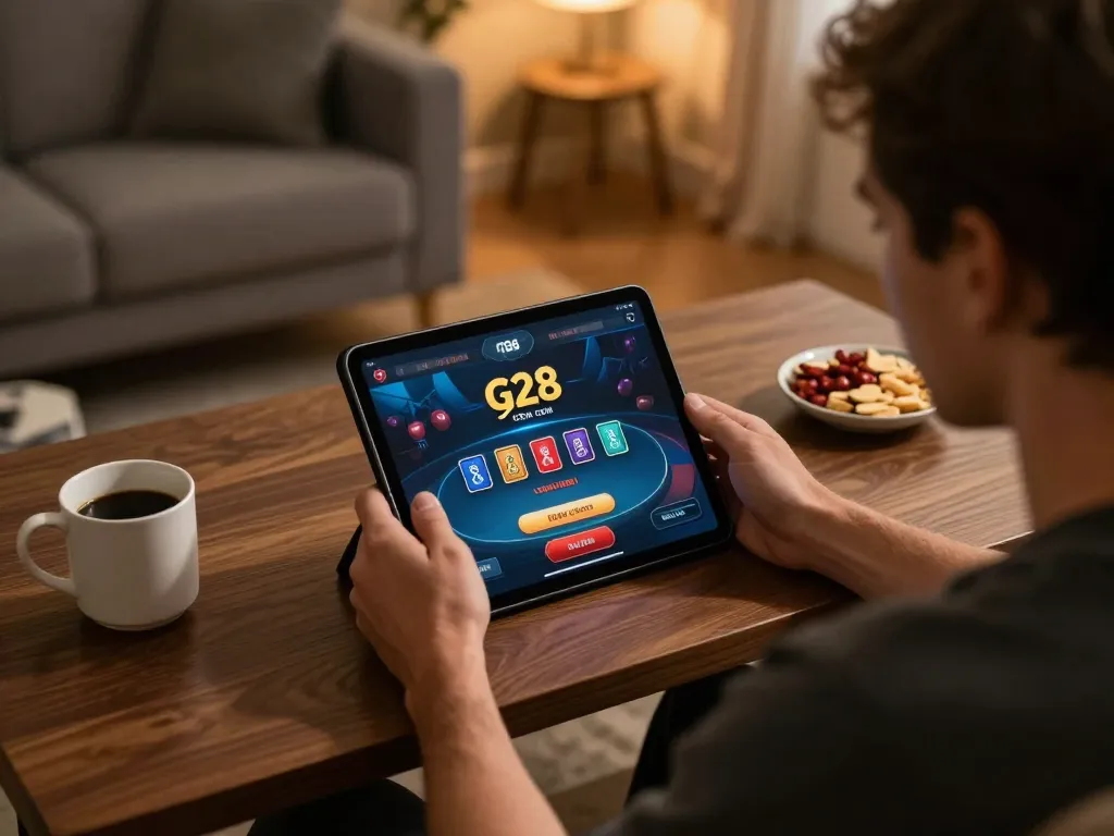 Player engaged with g28 com poker on tablet, showcasing a strategic gaming moment in a cozy home