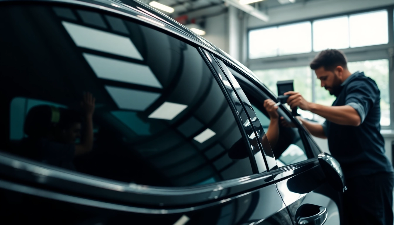 Enhance your vehicle with auto window tint near me, showcasing expert application in a modern garage.