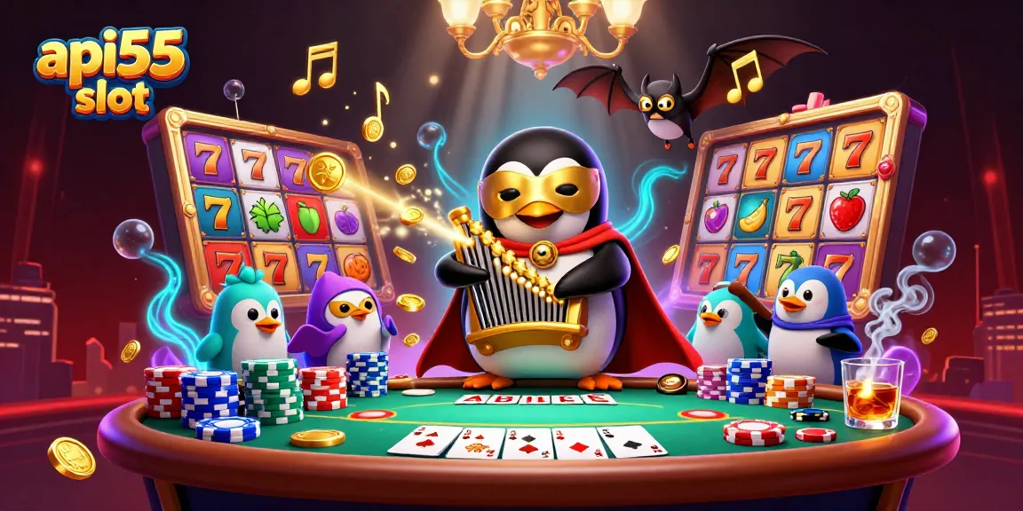 Experience the thrilling api55 slot as a penguin plays a golden organ while coins fly around.