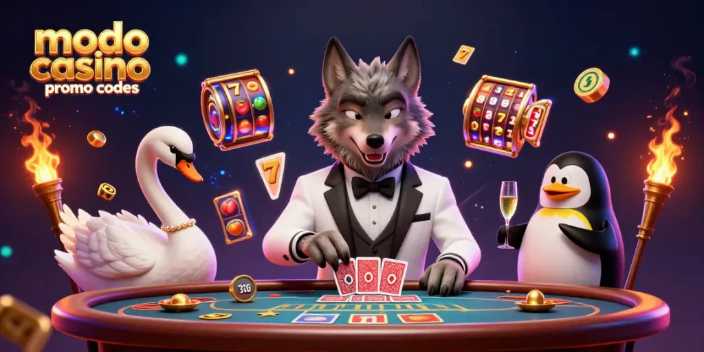 Experience thrilling gameplay with modo casino promo codes, featuring a charming wolf, elegant swan, and classy penguin in an exciting casino scene.