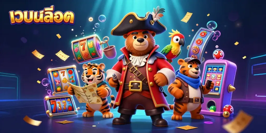 ภาพสล็อตเว็บสล็อตที่แสดงการผจญภัยของหมีโจรสลัดและเสือในการเล่นเกม