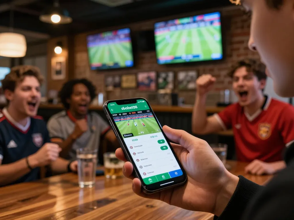 SboBet88 app displayed on smartphone at a buzzing sports bar during live betting.