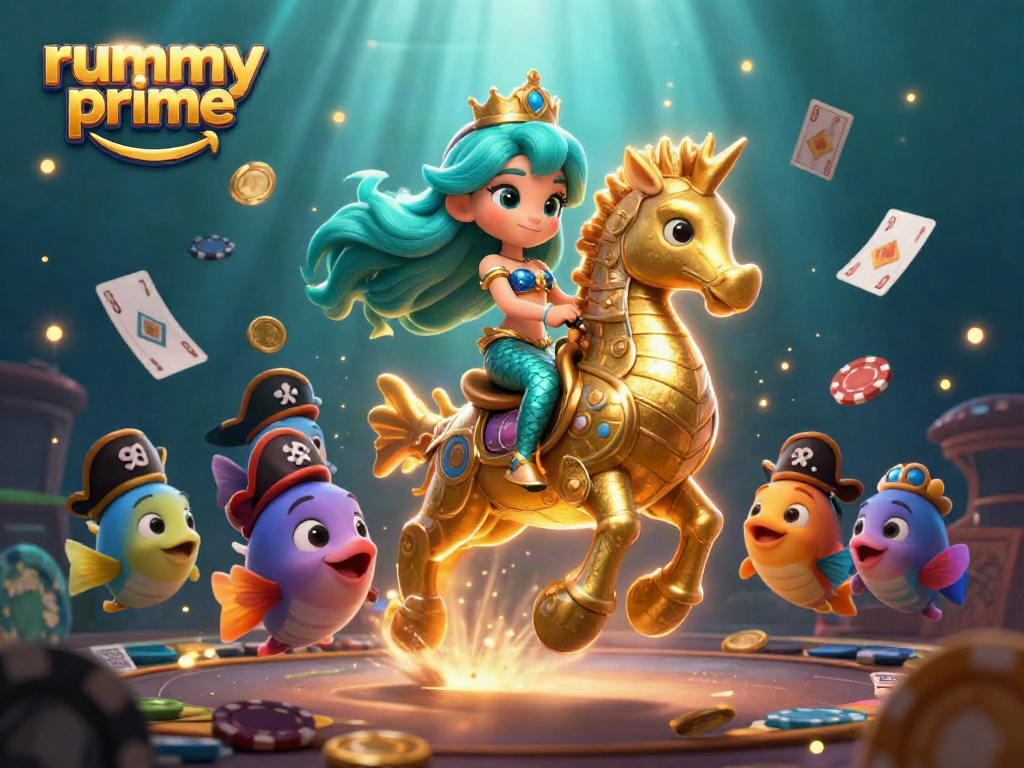 Engage with rummy prime in an exciting underwater scene featuring a mermaid princess and vibrant rummy game elements.